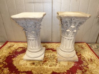 Two 24-inch Tall Corinthian Style White Cement Stone Pedestals