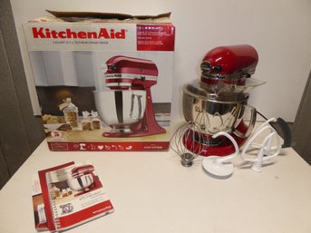 Pristine Kitchen Aid Red Mixer With Attachments And Box