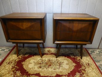 Vintage Pair Of MCM Diamond Front Walnut Night Stands