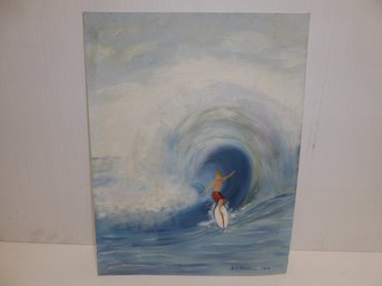 Signed Oil On Board Painting Of Surfer Riding Waves