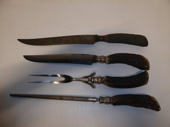 Vintage Winchester Antler Carving Set With Sterling Silver Accents