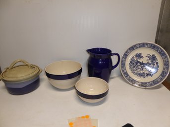 Lot Of Blue And White Kitchen Items