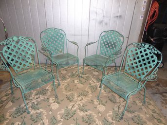 4 Vintage Wrought Iron Turquoise Patio Chairs With Floral Trim Pattern