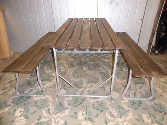 Vintage Teak Or Cedar And Aluminum Folding Picnic Table And 2 Benches