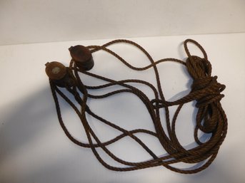 Lot Of 2 Vintage Wooden Pulleys With Rope