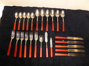 Lot Of Vintage Stainless Flatware With Red Bakelite Handles