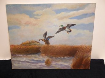 Oil On Canvas Ducks In Flight