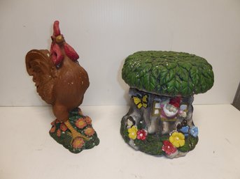 Rooster And Gnome Stool For The Garden