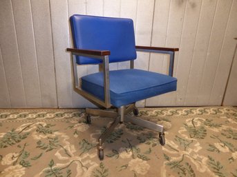 Vintage MCM Chrome And Wood Blue Office Chair