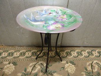 Irridescent Glass Bird Bath With Metal Folding Base