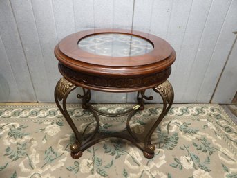 Ornate Wood And Metal Glass Top Accent Table