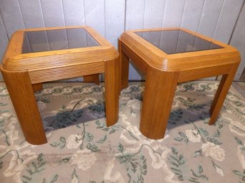 Pair Of Vintage 1970's California Fluted Oak Side Tables With Smoked Glass Tops