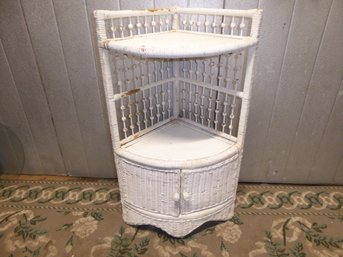 Vintage Rattan Corner Shelf With Bottom Cabinet