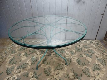 Vintage Turquoise Wrought Iron Woodard Style Round Glass Patio Table