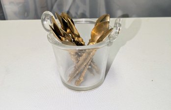 Vintage Set Of 12 Brushed Gold Demitasse Spoons In Glass Bucket