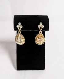 Yellow/Gold Color Faceted Rhinestone Drop Pierced Earrings With Clear Rhinestone Accent