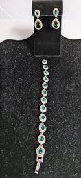 Vintage Carolee Jewelry Set - Bracelet & Pierced Earrings Faux Emeralds And Rhinestones
