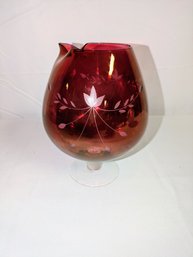 Vintage Handblown Cranberry Etched Glass Stemmed Brandy Pitcher