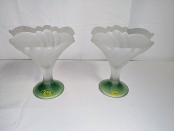 Vintage Strega Ice Cream -  Pair Of White & Green Frosted Ice Cream Sundae Glasses