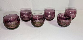 Set Of 6 Vintage Amethyst Engraved Design Glasses