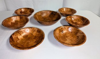 Vintage Set Of 7 Woven Wood Serving Bowls