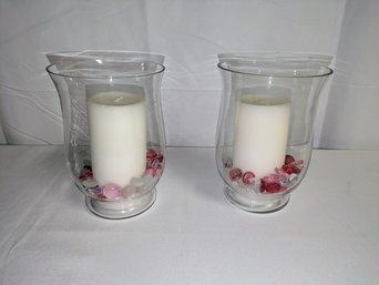 Pair Of Glass Hurricane Candle Holders With Candles And Glass Stones
