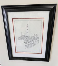 Framed & Signed Avery Tillmon, San Francisco, Golden Gate Bridge, Fine Art Ink Drawing
