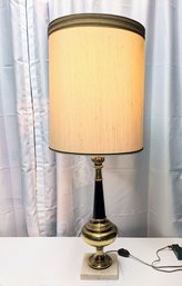 MCM Hollywood Regency Stiffel Black Porcelain & Brass Lamp With Linen & Fabric Shade - No Bulb