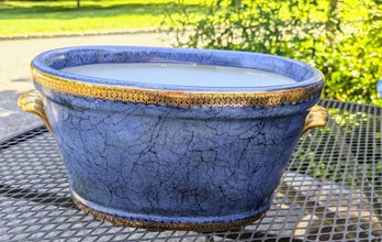Vintage Asain Blue, Black & Gold Accented Oval Ceramic Planter/Bowl