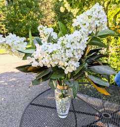 Faux White Hydrangea With Crystal Vase