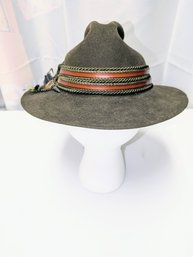 Vintage Olive Green Lodenhut, Germany, Wool With Braided Band & Feathers Hat