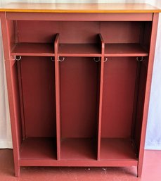 3 Section Red Painted Wood Cubby With Coat Hooks