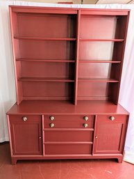 Vintage MCM Birchcraft By Baumritter Red Painted 11 Drawer / 6 Shelves Wood Hutch