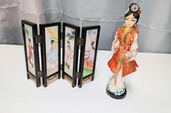 Vintage Asian Geisha Doll Statue & Hand Painted Porcelain Table Screen