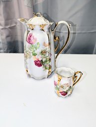 Vintage German Porcelain Hand Painted Coffee/Tea Pot & Milk/Cream Pitcher