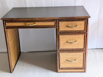 Vintage 4 Drawer Wood & Rattan Veneer Desk With Brass Draw Pulls