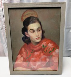 Large Framed Vintage Painted Female Portrait In A Floral Top - Unsigned