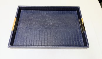 Navy Blue Faux Leather Tray With Brass Accent Handles