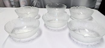 Set Of 6 MCM Ice Glass Look Leaf Pattern Bowls