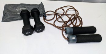 Exercise Lot - Set Of 2lb Hand Weights & 1 Adult Leather Jump Rope