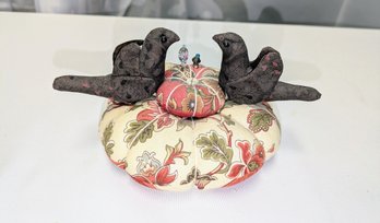 Vintage Large Fabric Pin Cushion With Two Jewel Topped Pins