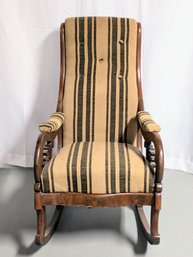 Vintage Striped Upholstered Hand Carved Detail Rocking Chair