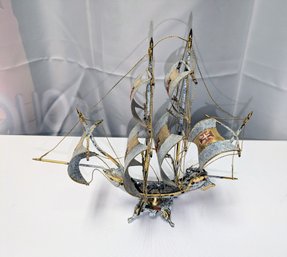 Vintage Handmade Painted Brass Sailing Ship - Portugal