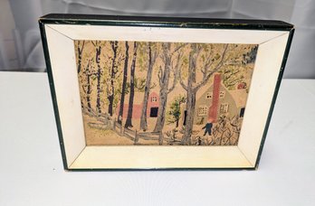 Vintage Grandma Moses Framed Barkcloth  Reproduction Picture Of The 'Red Barn' C & A Richards