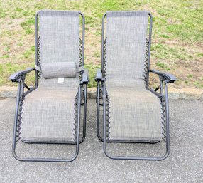 Set Of 2 Outdoor Metal Reclining Chairs With Turn Knob Adjustable Seat Settings & 1 With An Adjustable Pillow