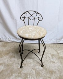 Vintage Brown Metal & Ivory Damask Fabric Pattern Seat Cushion Vanity Chair