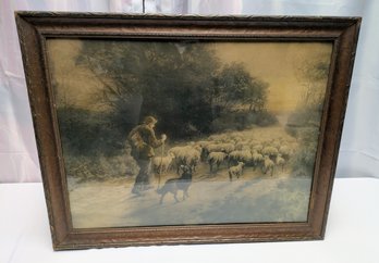 Antique Framed 1901 Dry Point Etching, Herbert Thomas Dicksee (1862-1942) - Sheppard Driving Flock