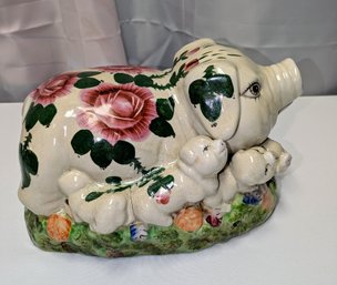 Vintage 1950's Hand Painted Italian Majolica Ceramic Mama Pig With Piglets Figurine
