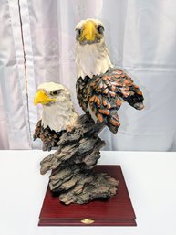 Large & Heavy Montefiori Collection Double Bald Eagle Statue On Wooden Base