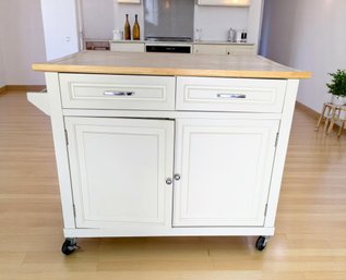 White Rolling Island Cart With 4 Lockable Caster Wheels With Expanding Lift & Lock Top